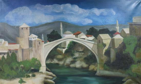 Teresa Maria Molner, oil on canvas, The Bridge, signed, 90 x 145cm